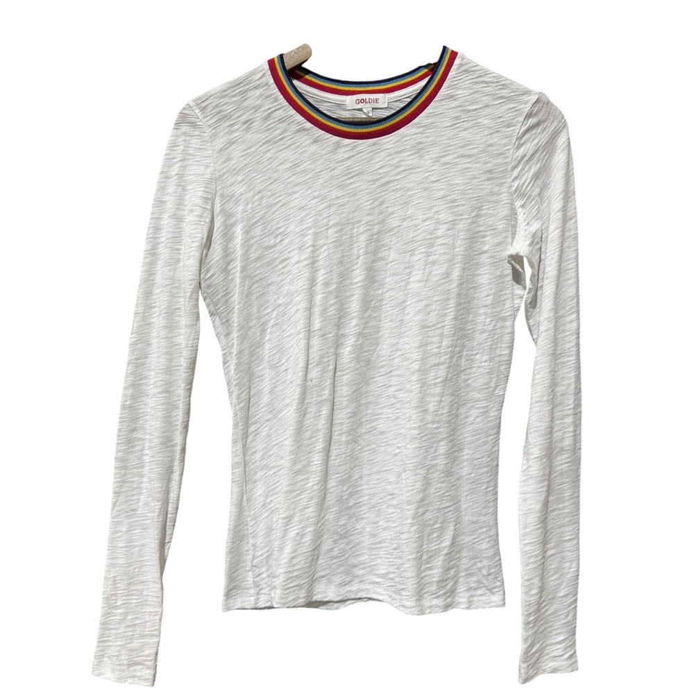 Goldie Shirt Womens‎ XS White Rainbow Trim Long Sleeve Crewneck Fitted Cotton